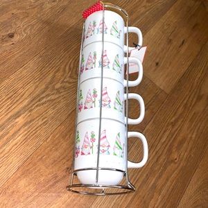 Stackable Winter Gnomes Candy-land Candy-cane Coffee Mugs Set Of 4 In Metal Rack